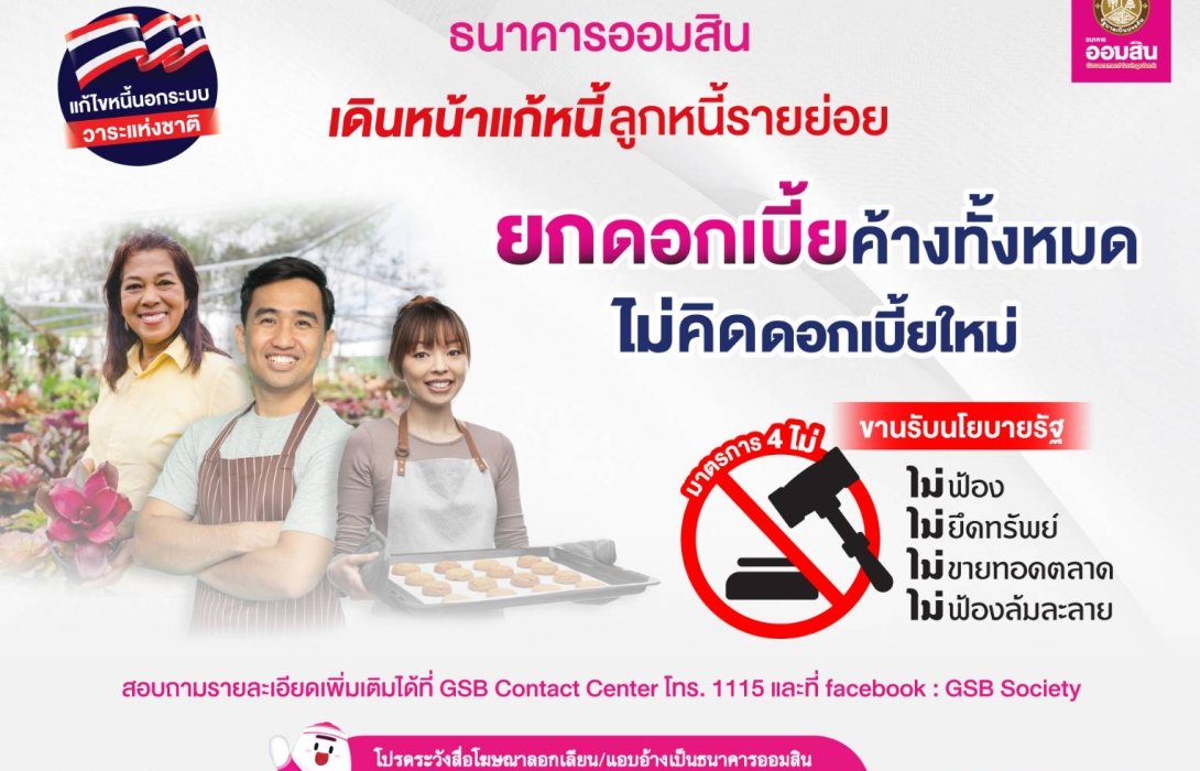 ออมสิน เดินหน้าแก้หนี้รายย่อย ยกดอกเบี้ยค้างทั้งหมด ไม่คิดดอกเบี้ยใหม่ พร้อมจัดมาตรการ “4 ไม่” ไม่ฟ้อง ไม่ยึด ไม่ขายทอด ไม่ฟ้องล้มละลาย ขานรับนโยบายรัฐแก้ปัญหาหนี้