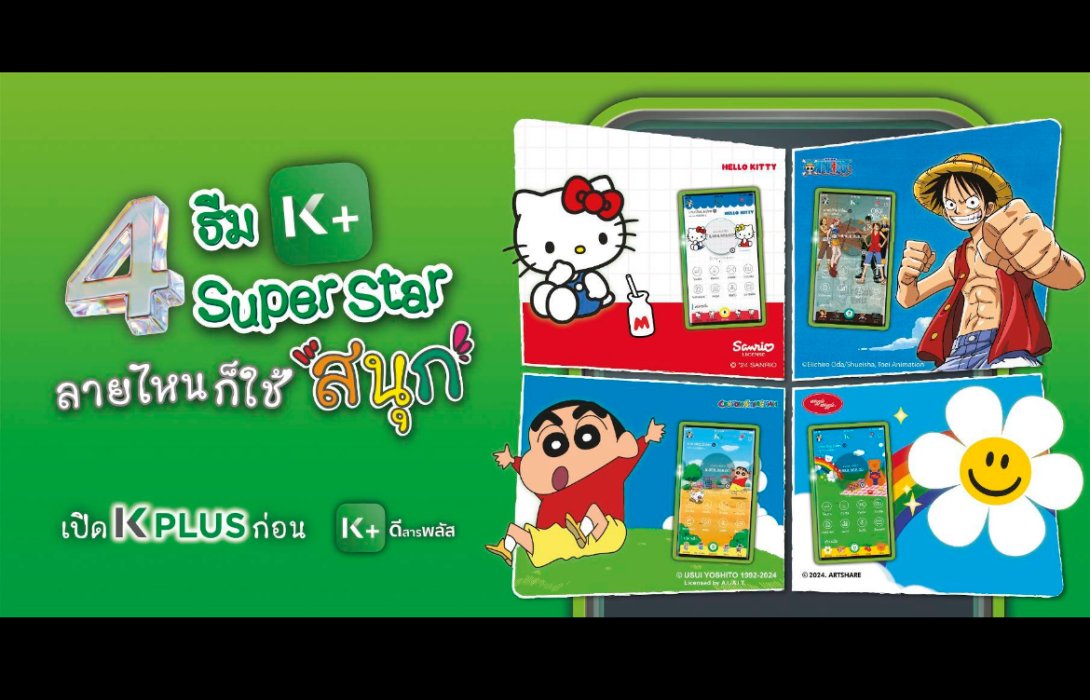 ครั้งแรก! ธีม K PLUS คอลแลปกับ 4 คาแรคเตอร์ดังระดับโลก Hello Kitty, One Piece, ชินจัง และ wiggle wiggle