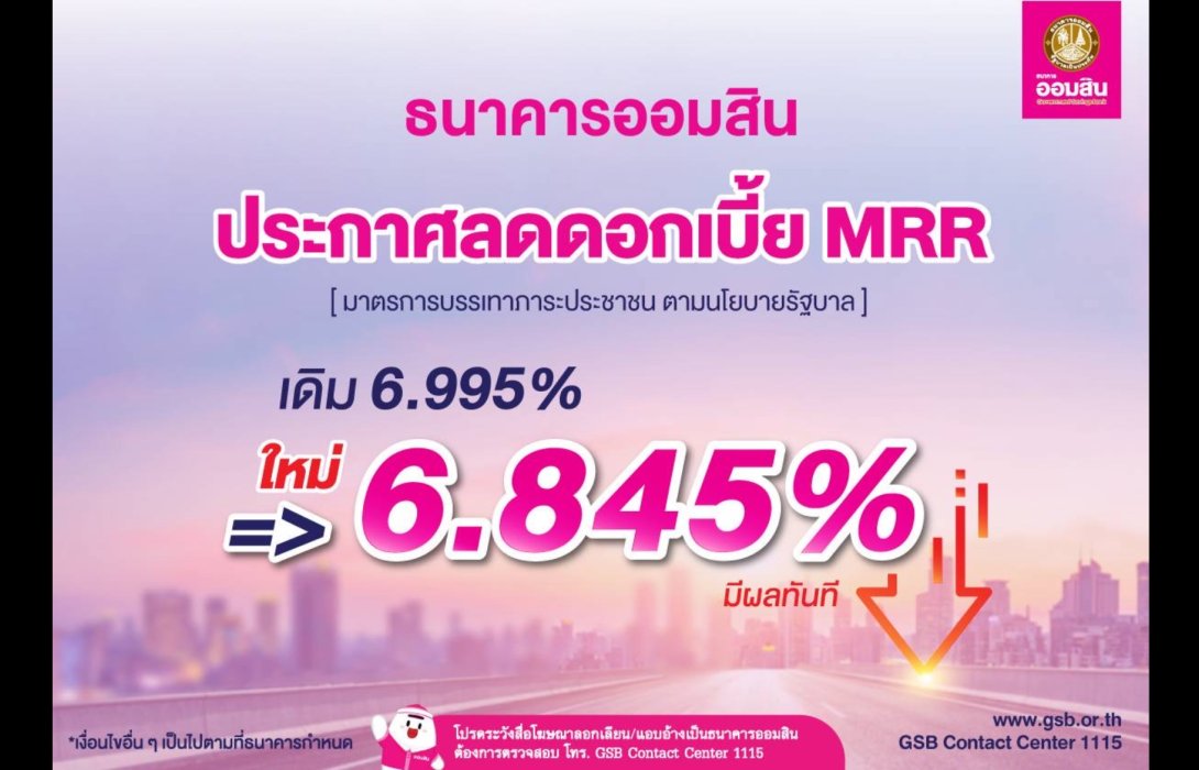 ออมสิน ลดดอกเบี้ย MRR เหลือ 6.845% อัตราต่ำสุดในระบบธนาคาร ตั้งเป้าลดภาระประชาชน