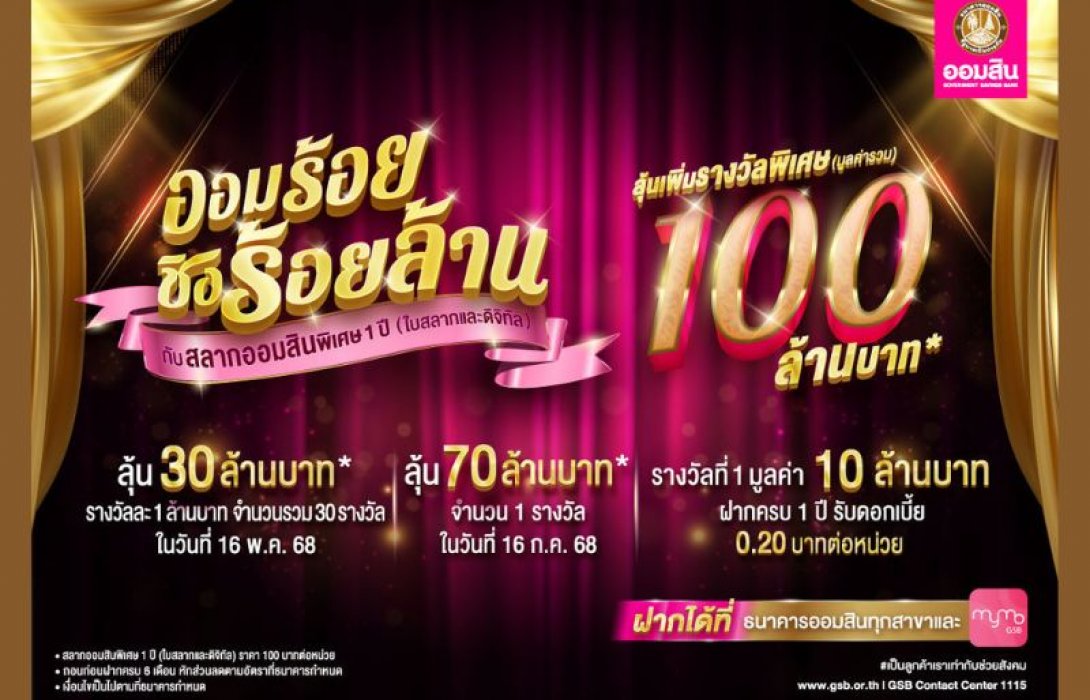 ฉลองใหญ่วันสถาปนาธนาคาร ! สลากออมสินพิเศษ 1 ปี “ออมร้อย ชิงร้อยล้าน” เริ่มฝากแค่ 100 มีสิทธิ์ลุ้น 100 ล้าน เปิดฝากสลากแล้ววันนี้