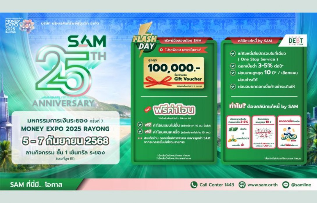SAM ฉลองครบ 25 ปี รุกตลาด EEC ส่งมอบโอกาสเพื่อชาวภาคตะวันออก ขนทรัพย์มือสองทั้งเพื่อที่อยู่อาศัยและการลงทุนมากกว่า 4,500 รายการ พร้อมโปรฯเด็ด เข้าร่วมงาน “มันนี่ เอ็กซ์โป ระยอง”
