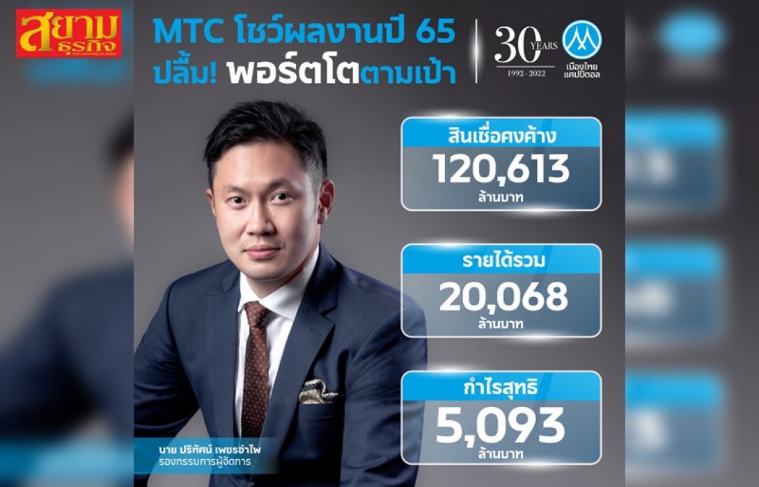 MTC โชว์ผลงานปี 65 ฝ่าโควิด-ดอกเบี้ยขาขึ้น พอร์ตสินเชื่อโต 31.37% ตามเป้า กำไรสุทธิเพิ่มขึ้น 3.00% บอร์ดเคาะจ่ายปันผล 0.95 บาท/หุ้น