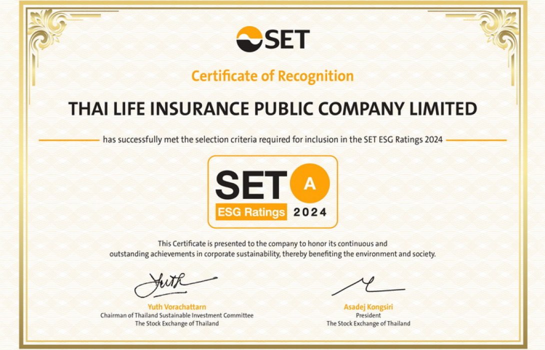 ไทยประกันชีวิต ได้รับการจัดอันดับหุ้นยั่งยืน SET ESG Ratings 2024 ด้วยระดับ “A”