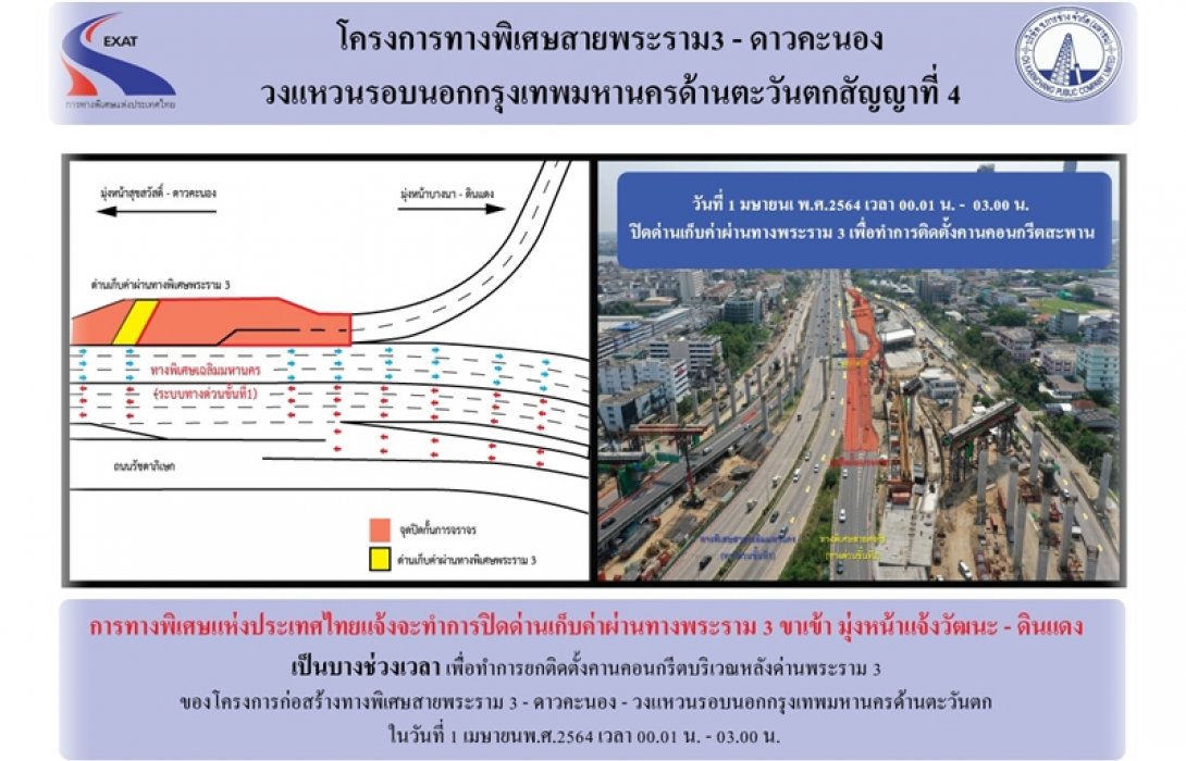 กทพ. แจ้งปิดเบี่ยงจราจรบริเวณหน้าด่านเก็บค่าผ่านทางพระราม3 (ขาเข้า) 