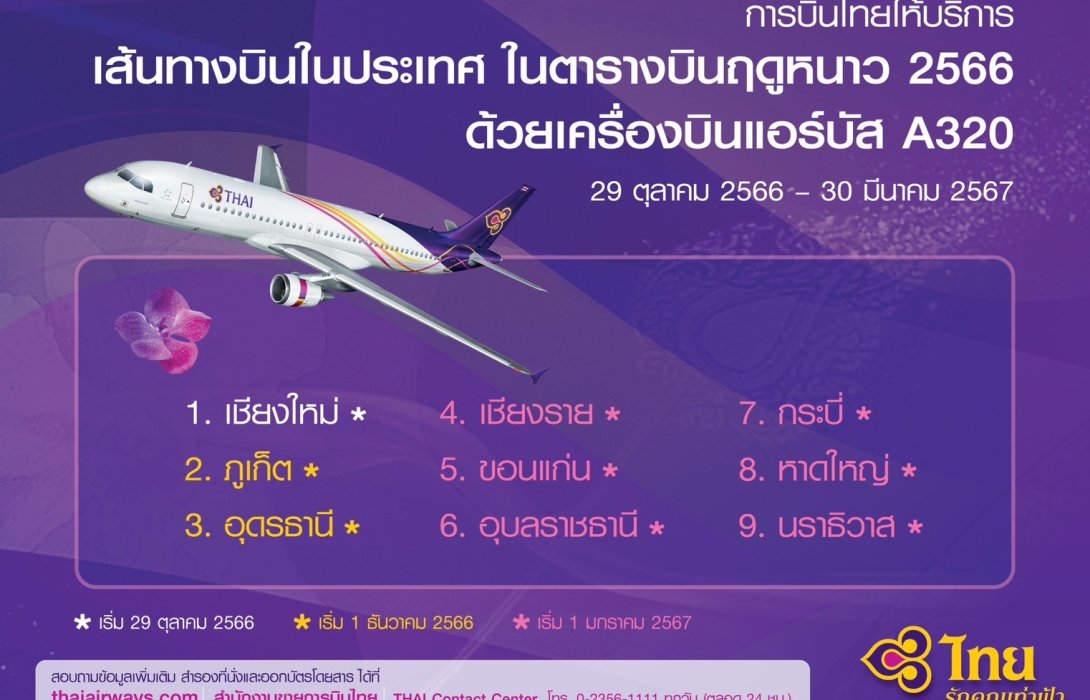 การบินไทยกลับมาให้บริการเส้นทางบินในประเทศ 9 เส้นทาง  