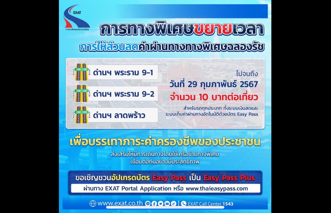 กทพ. คงการให้ส่วนลดค่าผ่านทางของทางพิเศษฉลองรัช ที่ด่านฯ พระราม 9-1 ด่านฯ พระราม 9-2 และด่านฯ ลาดพร้าว จนถึงวันที่ 29 กุมภาพันธ์ 2567