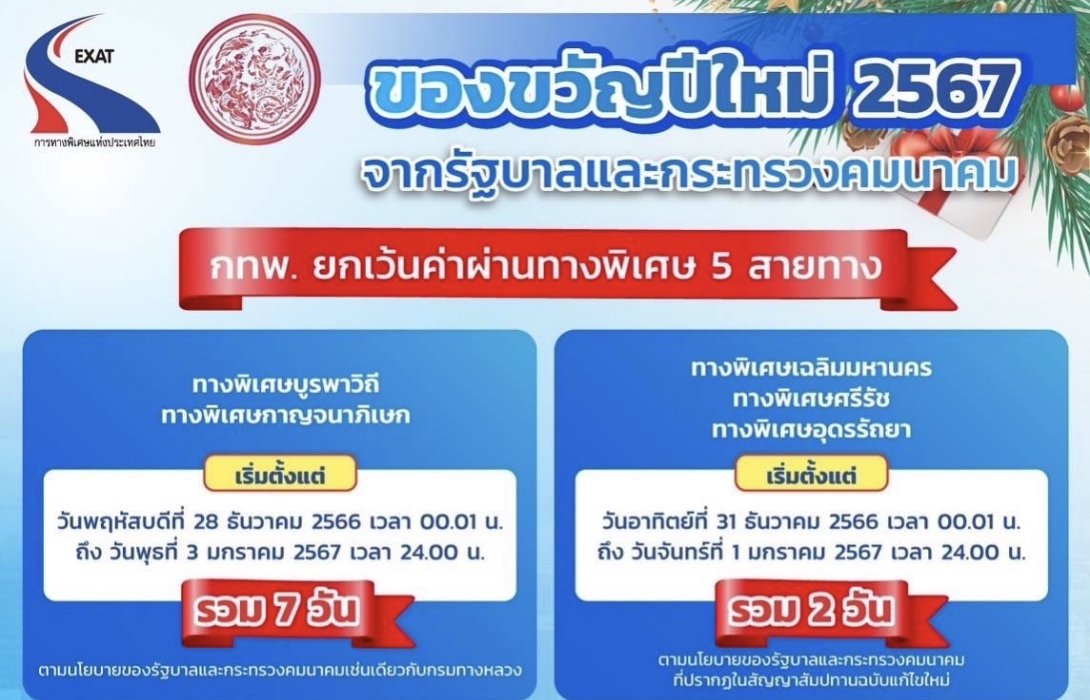 กทพ.ยกเว้นค่าผ่านทางพิเศษ และขยายเวลาการให้ส่วนลดค่าผ่านทาง มอบเป็นของขวัญปีใหม่ประชาชน