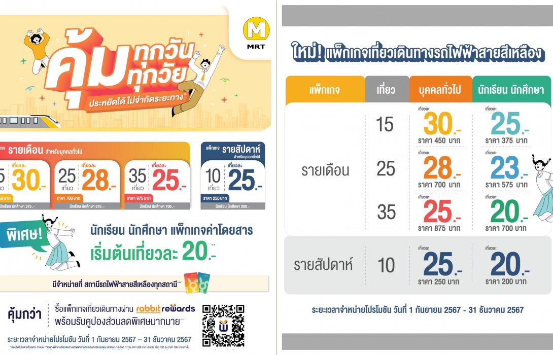 รถไฟฟ้าสีเหลือง ออกโปรตั๋วรายเดือน พร้อมราคาพิเศษ สำหรับนักเรียนเริ่มต้น 20 บาทต่อเที่ยว