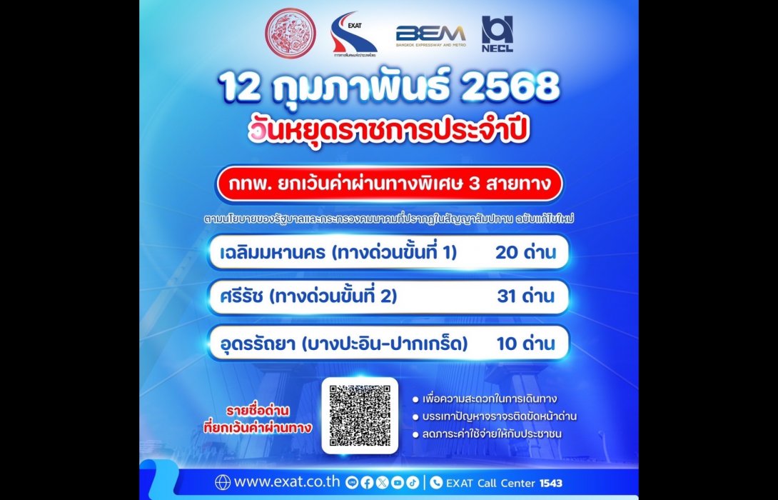 12 กุมภาพันธ์ 2568 กทพ. ยกเว้นค่าผ่านทางพิเศษ 3 สายทาง
