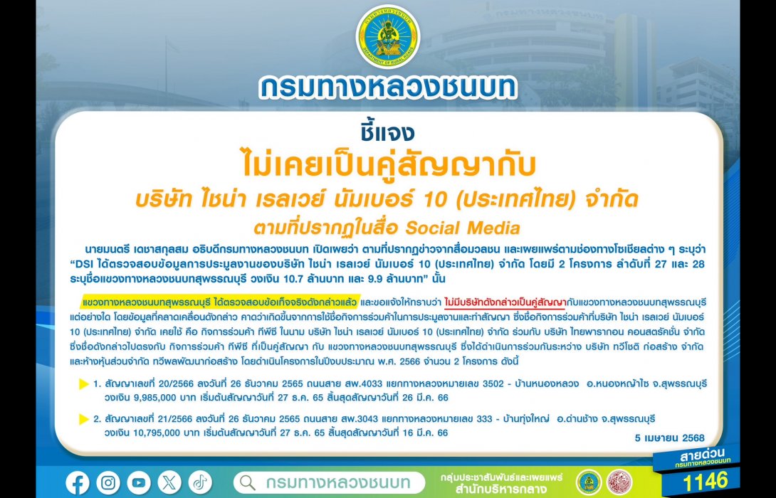 กรมทางหลวงชนบท ชี้แจงไม่เคยเป็นคู่สัญญากับ บริษัท ไชน่า เรลเวย์ นัมเบอร์ 10 (ประเทศไทย) จำกัด