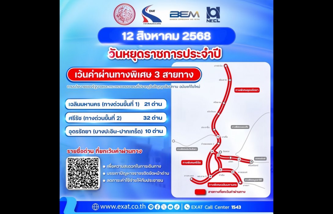 ทางพิเศษ ฟรี! 3 สาย วันที่12 สิงหาคม 2568