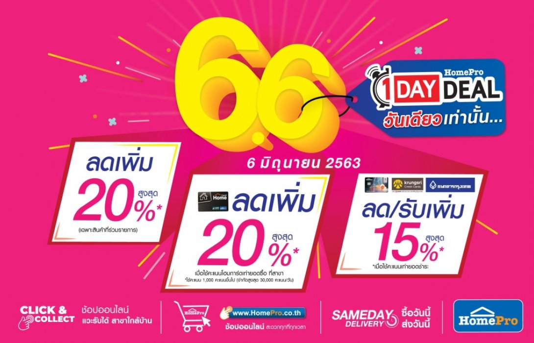 6 มิ.ย. 63 นี้ วันเดียวเท่านั้นโฮมโปรจัดเต็มความคุ้ม สินค้าเรื่องบ้านแบรนด์ดัง ลดสูงสุดกว่า35%